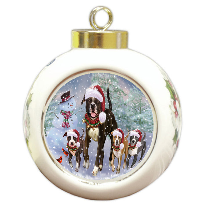Christmas Running Family American Staffordshire Terrier Dogs Round Ball Christmas Ornament RBPOR58251