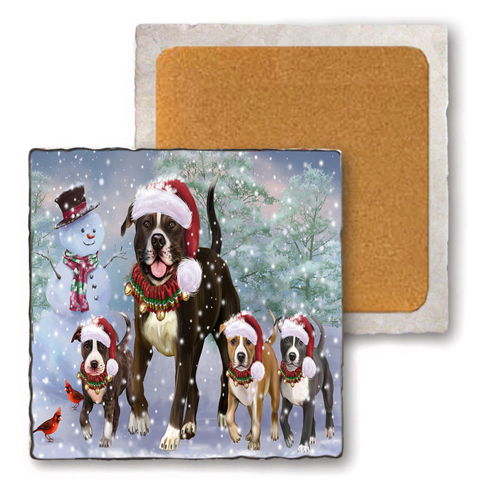 Christmas Running Family American Staffordshire Terrier Dogs Set of 4 Natural Stone Marble Tile Coasters MCST52124