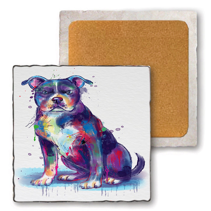 Watercolor American Staffordshire Terrier Dog Set of 4 Natural Stone Marble Tile Coasters MCST52068