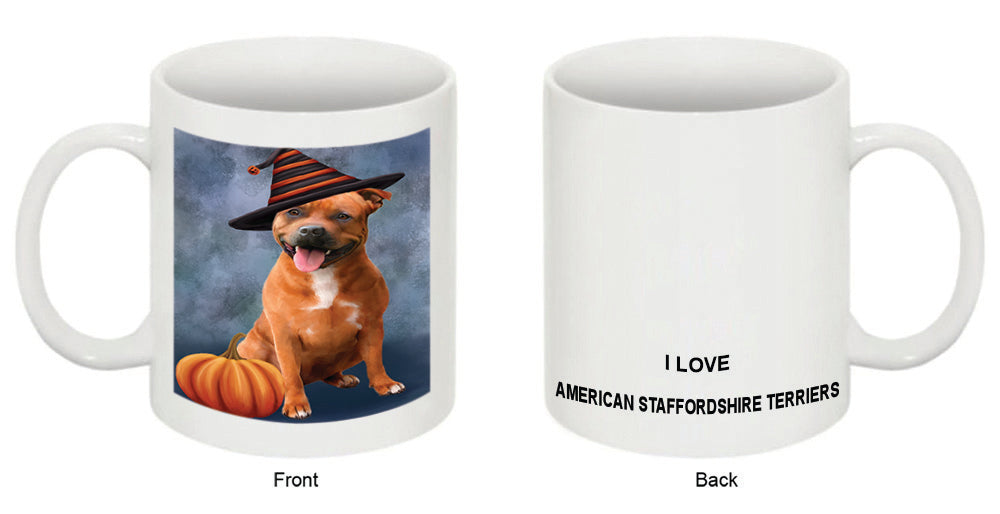 Happy Halloween American Staffordshire Terrier Dog Wearing Witch Hat with Pumpkin Coffee Mug MUG50182
