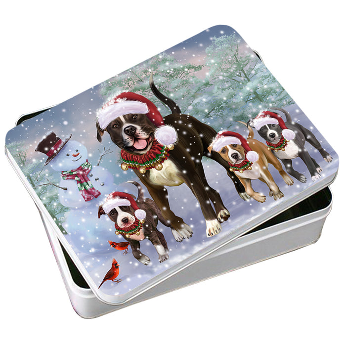 Christmas Running Family American Staffordshire Terrier Dogs Photo Storage Tin PITN57067