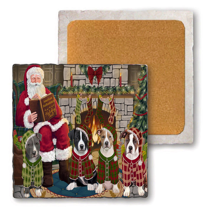 Christmas Cozy Holiday Tails American Staffordshire Terriers Dog Set of 4 Natural Stone Marble Tile Coasters MCST50089