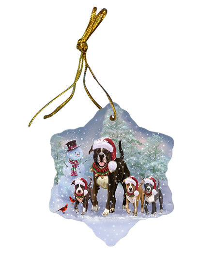 Christmas Running Family American Staffordshire Terrier Dogs Star Porcelain Ornament SPOR57410