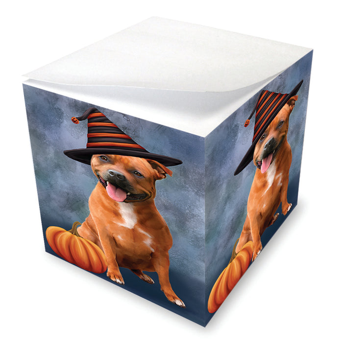 Happy Halloween American Staffordshire Terrier Dog Wearing Witch Hat with Pumpkin Note Cube NOC56430