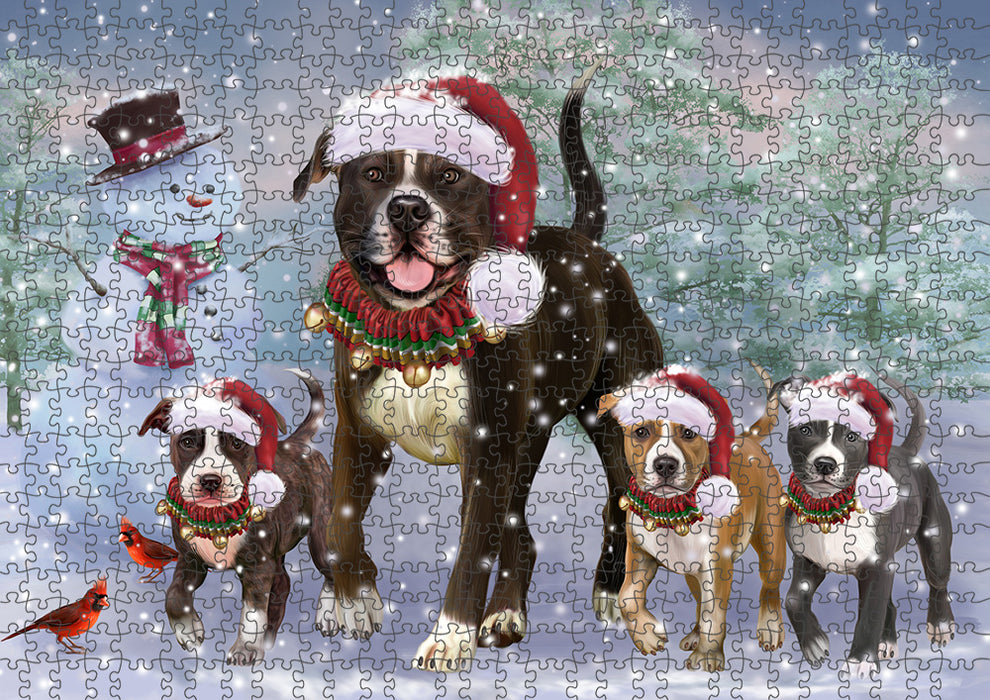 Christmas Running Family American Staffordshire Terrier Dogs Puzzle with Photo Tin PUZ97268