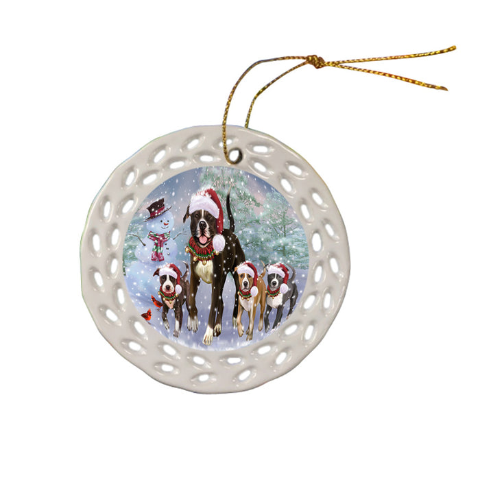 Christmas Running Family American Staffordshire Terrier Dogs Ceramic Doily Ornament DPOR57410