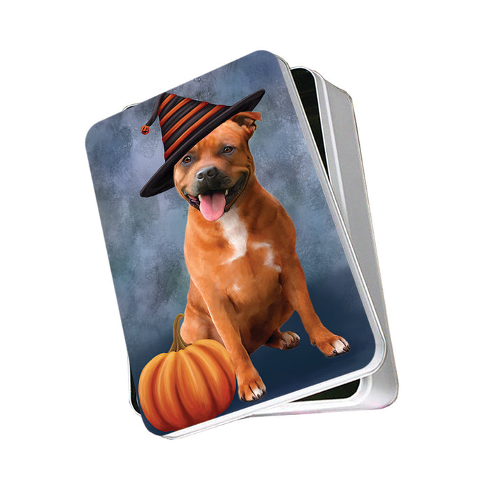 Happy Halloween American Staffordshire Terrier Dog Wearing Witch Hat with Pumpkin Photo Storage Tin PITN54727