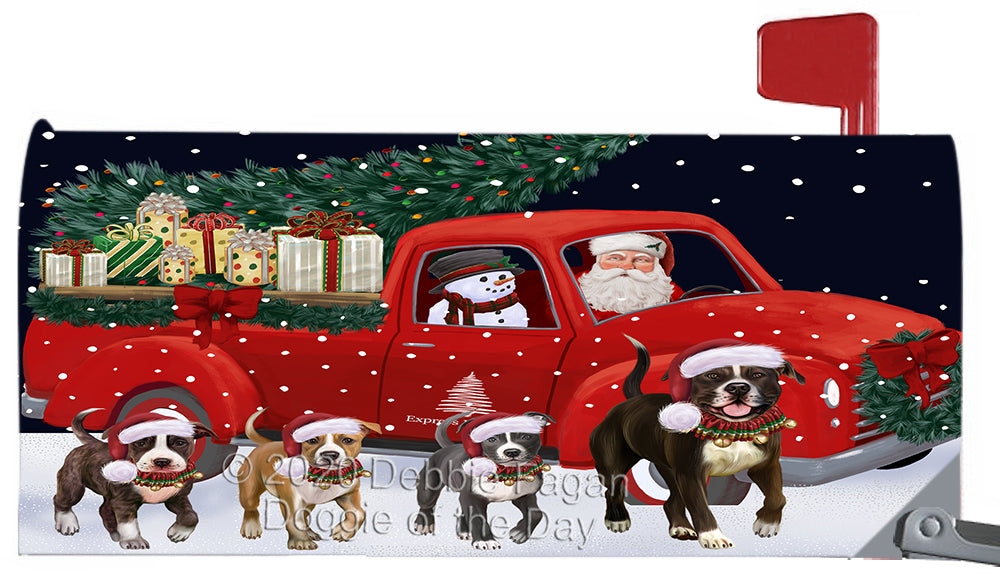 Christmas Express Delivery Red Truck Running American Staffordshire Dog Magnetic Mailbox Cover Both Sides Pet Theme Printed Decorative Letter Box Wrap Case Postbox Thick Magnetic Vinyl Material