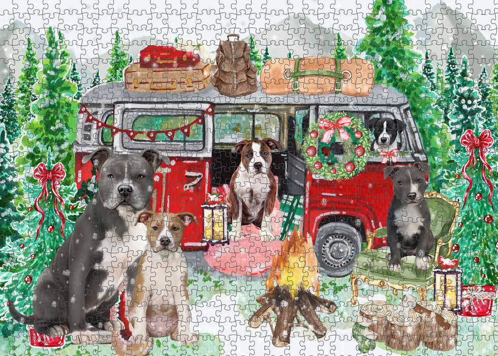 Christmas Time Camping with American Staffordshire Dogs Portrait Jigsaw Puzzle for Adults Animal Interlocking Puzzle Game Unique Gift for Dog Lover's with Metal Tin Box