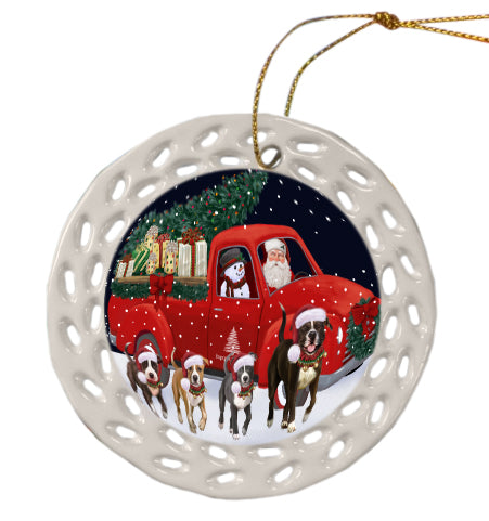 Christmas Express Delivery Red Truck Running American Staffordshire Dog Doily Ornament DPOR59237