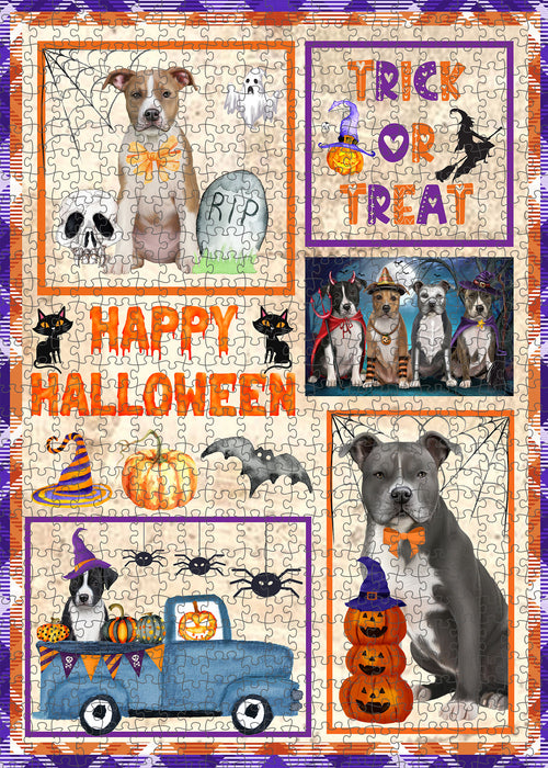 Happy Halloween Trick or Treat American Staffordshire Dogs Portrait Jigsaw Puzzle for Adults Animal Interlocking Puzzle Game Unique Gift for Dog Lover's with Metal Tin Box