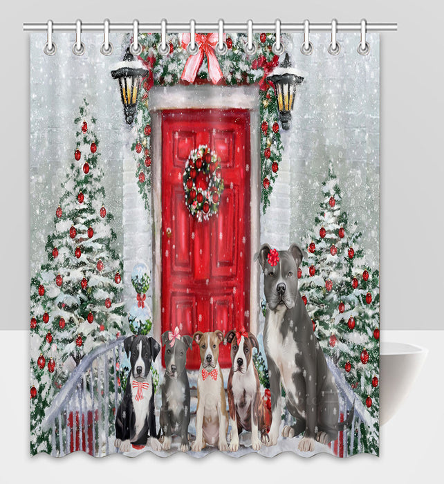 Christmas Holiday Welcome American Staffordshire Dogs Shower Curtain Pet Painting Bathtub Curtain Waterproof Polyester One-Side Printing Decor Bath Tub Curtain for Bathroom with Hooks