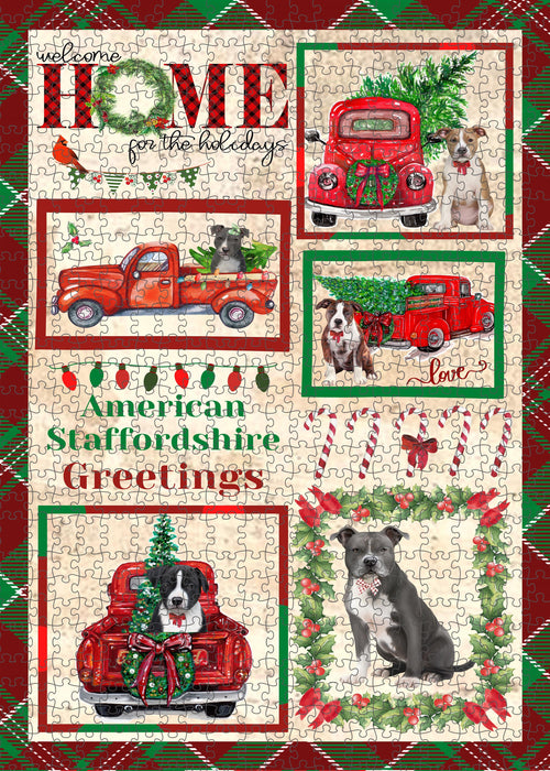 Welcome Home for Christmas Holidays American Staffordshire Dogs Portrait Jigsaw Puzzle for Adults Animal Interlocking Puzzle Game Unique Gift for Dog Lover's with Metal Tin Box
