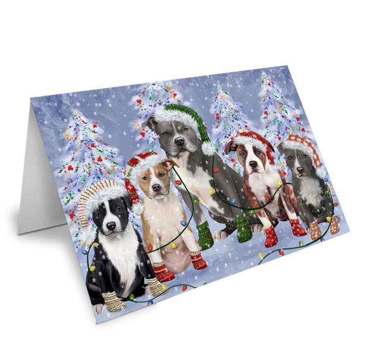 Christmas Lights and American Staffordshire Dogs Handmade Artwork Assorted Pets Greeting Cards and Note Cards with Envelopes for All Occasions and Holiday Seasons