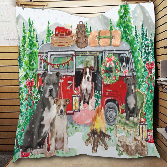 Christmas Time Camping with American Staffordshire Dogs  Quilt Bed Coverlet Bedspread - Pets Comforter Unique One-side Animal Printing - Soft Lightweight Durable Washable Polyester Quilt