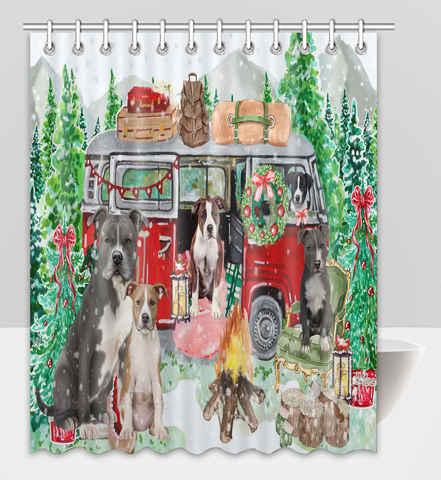Christmas Time Camping with American Staffordshire Dogs Shower Curtain Pet Painting Bathtub Curtain Waterproof Polyester One-Side Printing Decor Bath Tub Curtain for Bathroom with Hooks
