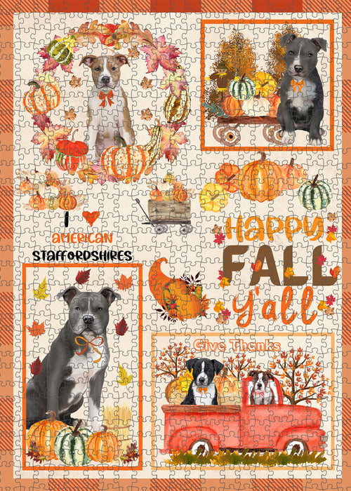 Happy Fall Y'all Pumpkin American Staffordshire Dogs Portrait Jigsaw Puzzle for Adults Animal Interlocking Puzzle Game Unique Gift for Dog Lover's with Metal Tin Box