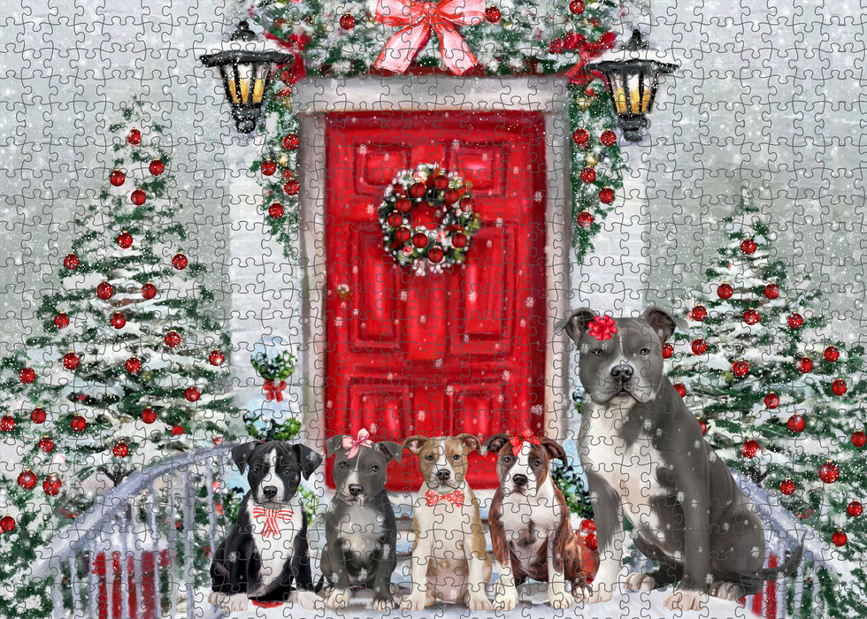 Christmas Holiday Welcome American Staffordshire Dogs Portrait Jigsaw Puzzle for Adults Animal Interlocking Puzzle Game Unique Gift for Dog Lover's with Metal Tin Box