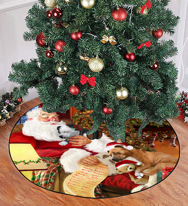 Santa Sleeping with American Staffordshire Dogs Christmas Tree Skirt