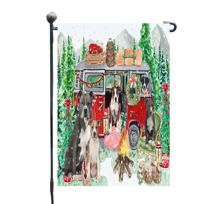 Christmas Time Camping with American Staffordshire Dogs Garden Flags- Outdoor Double Sided Garden Yard Porch Lawn Spring Decorative Vertical Home Flags 12 1/2"w x 18"h