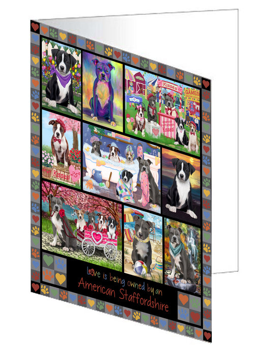 Love is Being Owned American Staffordshire Terrier Dog Grey Handmade Artwork Assorted Pets Greeting Cards and Note Cards with Envelopes for All Occasions and Holiday Seasons GCD77147