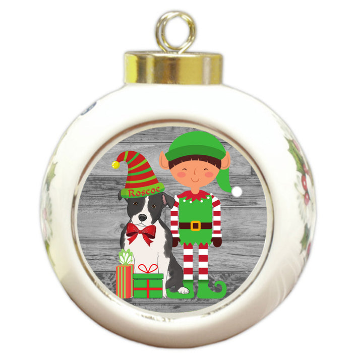 Custom Personalized American Staffordshire Terrier Dog Elfie and Presents Christmas Round Ball Ornament