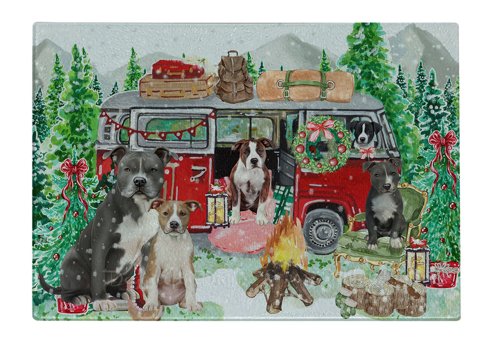 Christmas Time Camping with American Staffordshire Dogs Cutting Board - For Kitchen - Scratch & Stain Resistant - Designed To Stay In Place - Easy To Clean By Hand - Perfect for Chopping Meats, Vegetables