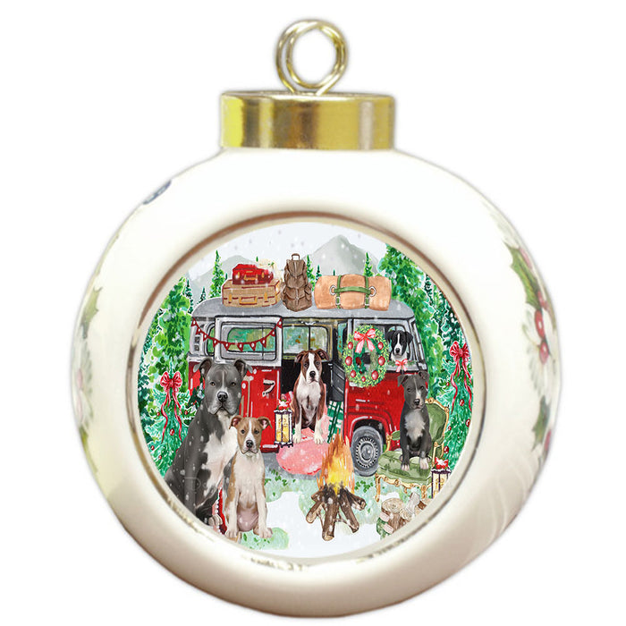 Christmas Time Camping with American Staffordshire Dogs Round Ball Christmas Ornament Pet Decorative Hanging Ornaments for Christmas X-mas Tree Decorations - 3" Round Ceramic Ornament