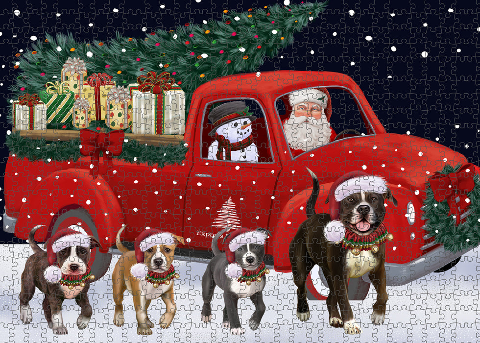 Christmas Express Delivery Red Truck Running American Staffordshire Dogs Puzzle with Photo Tin PUZL99580