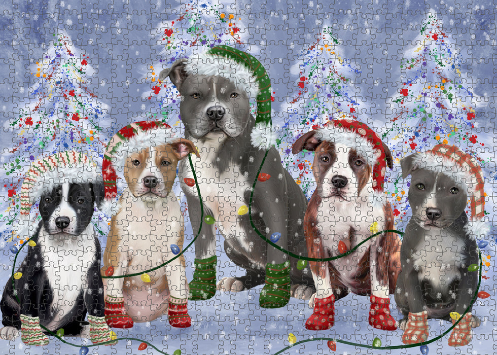 Christmas Lights and American Staffordshire Dogs Portrait Jigsaw Puzzle for Adults Animal Interlocking Puzzle Game Unique Gift for Dog Lover's with Metal Tin Box