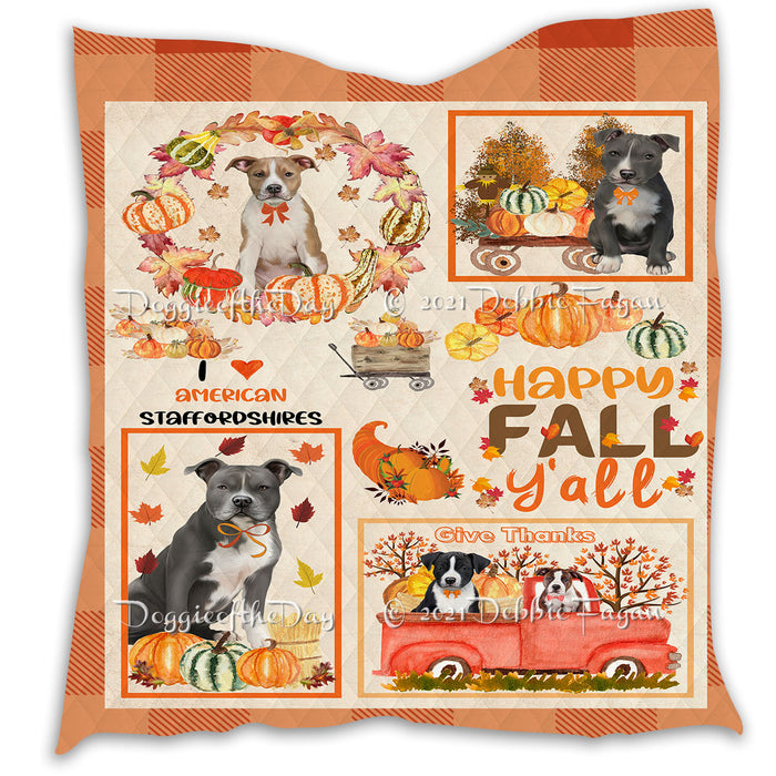 Happy Fall Y'all Pumpkin American Staffordshire Dogs Quilt Bed Coverlet Bedspread - Pets Comforter Unique One-side Animal Printing - Soft Lightweight Durable Washable Polyester Quilt