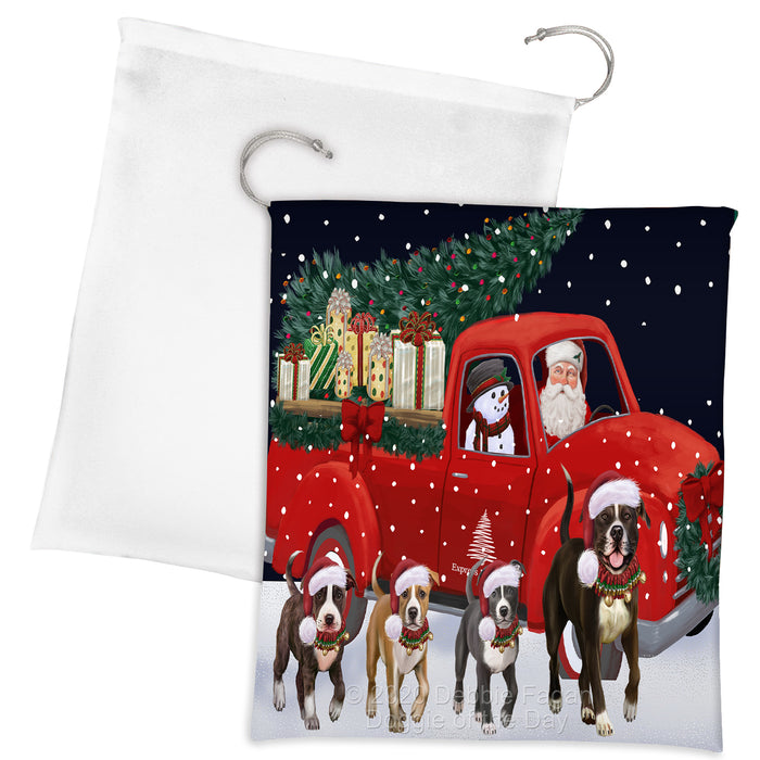 Christmas Express Delivery Red Truck Running American Staffordshire Dogs Drawstring Laundry or Gift Bag LGB48871