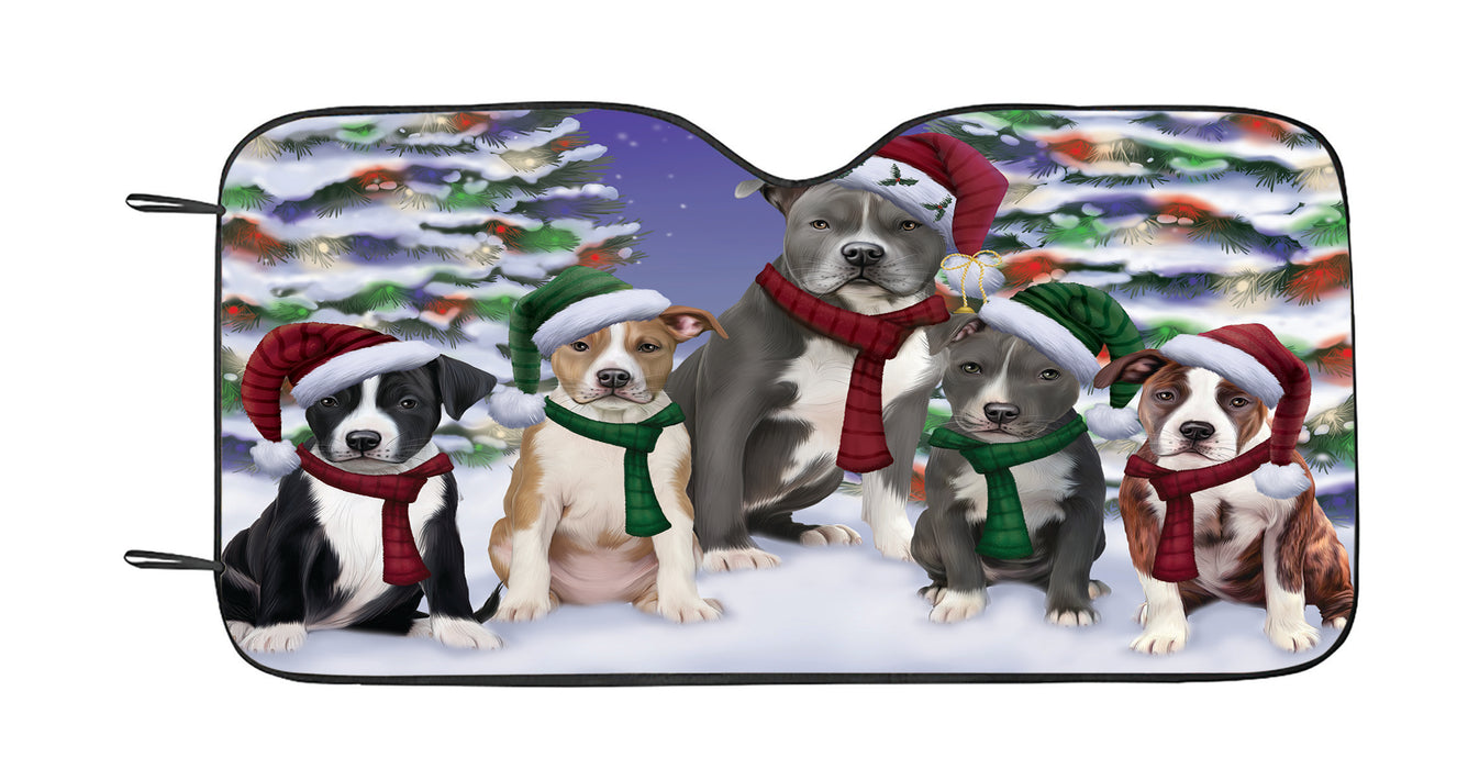 American Staffordshire Dogs Christmas Family Portrait in Holiday Scenic Background Car Sun Shade