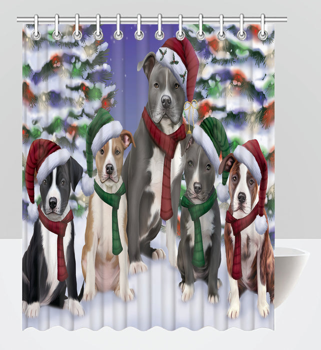 American Staffordshire Dogs Christmas Family Portrait in Holiday Scenic Background Shower Curtain
