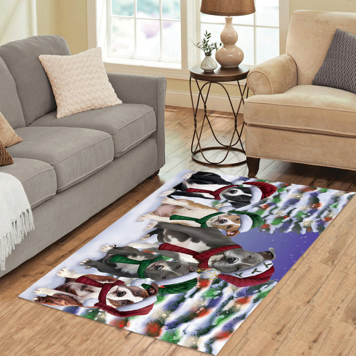 American Staffordshire Dogs Christmas Family Portrait in Holiday Scenic Background Area Rug