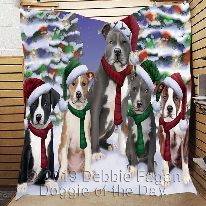 American Staffordshire Dogs Christmas Family Portrait in Holiday Scenic Background Quilt