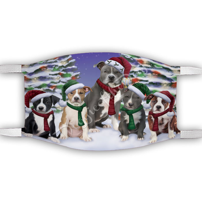 American Staffordshire Dogs Christmas Family Portrait in Holiday Scenic Background Face Mask FM48307