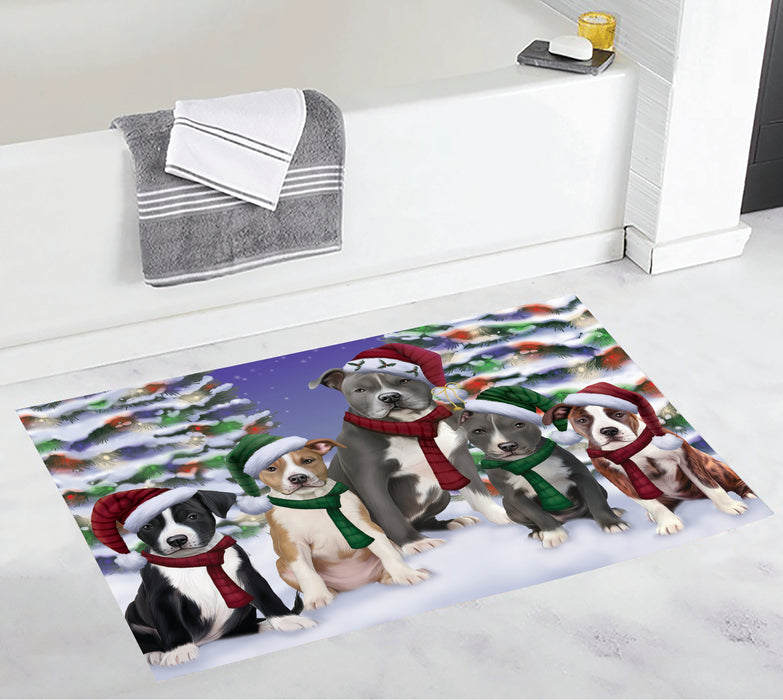 American Staffordshire Dogs Christmas Family Portrait in Holiday Scenic Background Bath Mat