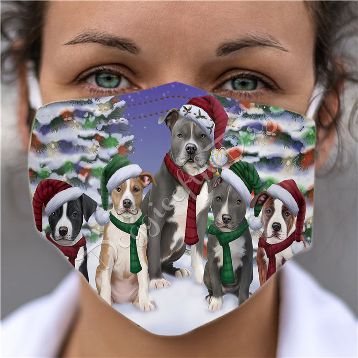 American Staffordshire Dogs Christmas Family Portrait in Holiday Scenic Background Face Mask FM48307
