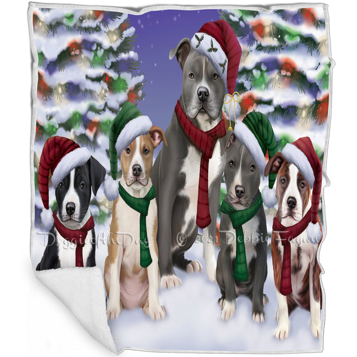 American Staffordshire Terriers Dog Christmas Family Portrait in Holiday Scenic Background  Blanket BLNKT90624