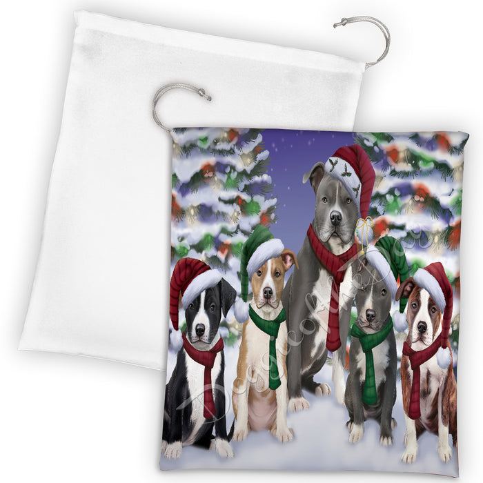 American Staffordshire Dogs Christmas Family Portrait in Holiday Scenic Background Drawstring Laundry or Gift Bag LGB48105