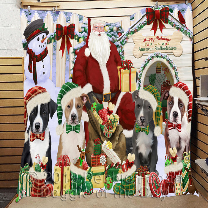 Happy Holidays Christmas American Staffordshire Dogs House Gathering Quilt