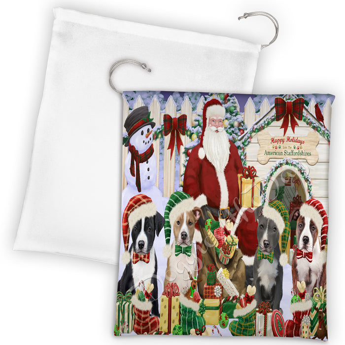 Happy Holidays Christmas American Staffordshire Dogs House Gathering Drawstring Laundry or Gift Bag LGB48008