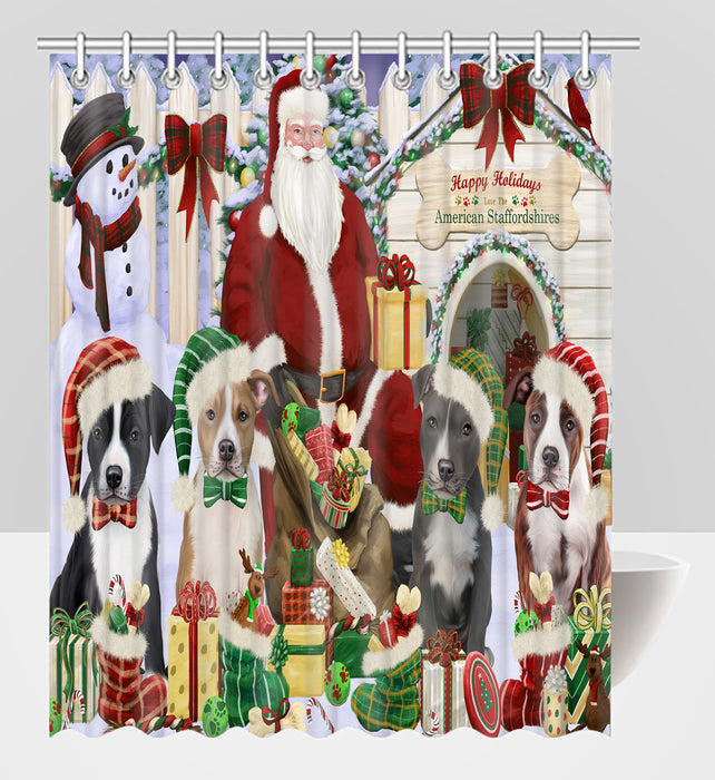 Happy Holidays Christmas American Staffordshire Dogs House Gathering Shower Curtain