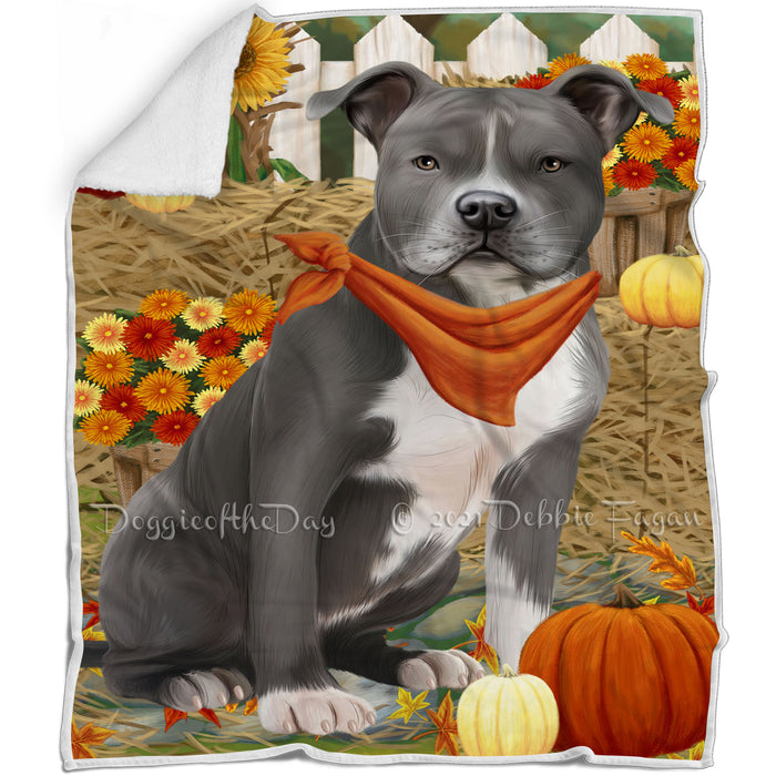 Fall Autumn Greeting American Staffordshire Terrier Dog with Pumpkins Blanket BLNKT86952