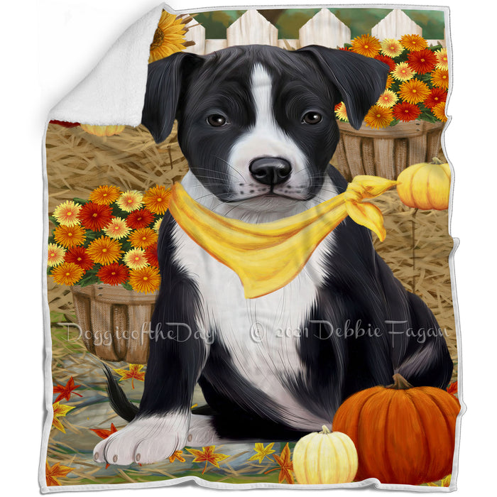 Fall Autumn Greeting American Staffordshire Terrier Dog with Pumpkins Blanket BLNKT86988