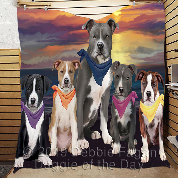 Family Sunset Portrait American Staffordshire Dogs Quilt