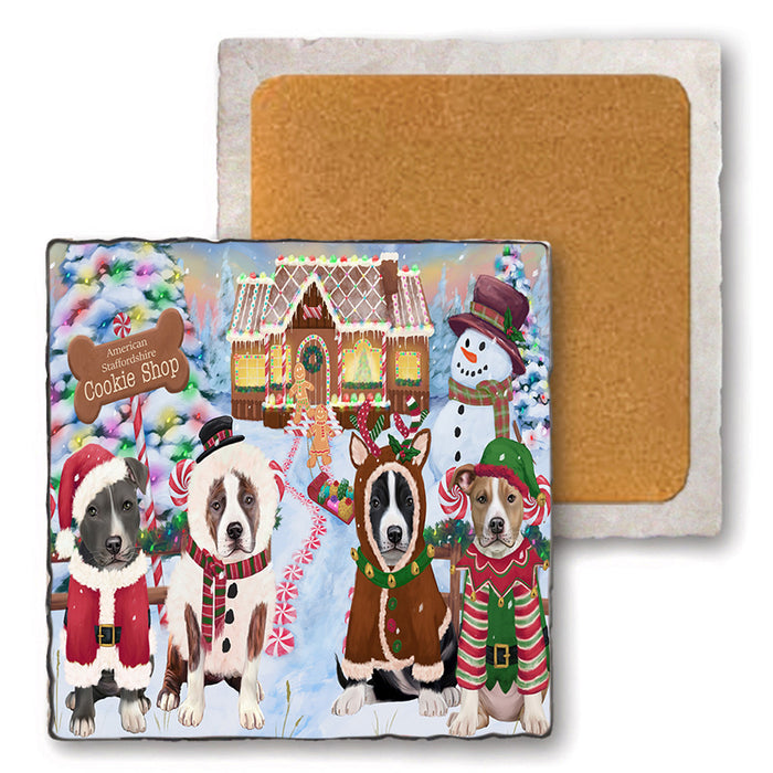 Holiday Gingerbread Cookie Shop American Staffordshires Dog Set of 4 Natural Stone Marble Tile Coasters MCST51095