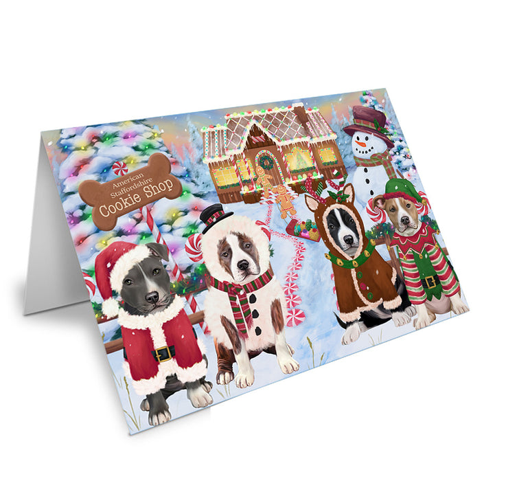 Holiday Gingerbread Cookie Shop American Staffordshires Dog Handmade Artwork Assorted Pets Greeting Cards and Note Cards with Envelopes for All Occasions and Holiday Seasons GCD72800