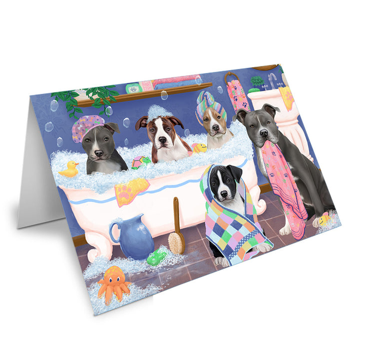 Rub A Dub Dogs In A Tub American Staffordshires Dog Handmade Artwork Assorted Pets Greeting Cards and Note Cards with Envelopes for All Occasions and Holiday Seasons GCD74774
